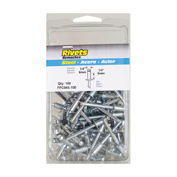 Blind Rivet, 1/4 in Dia., 1/4 in L, Steel Body, 100 PK